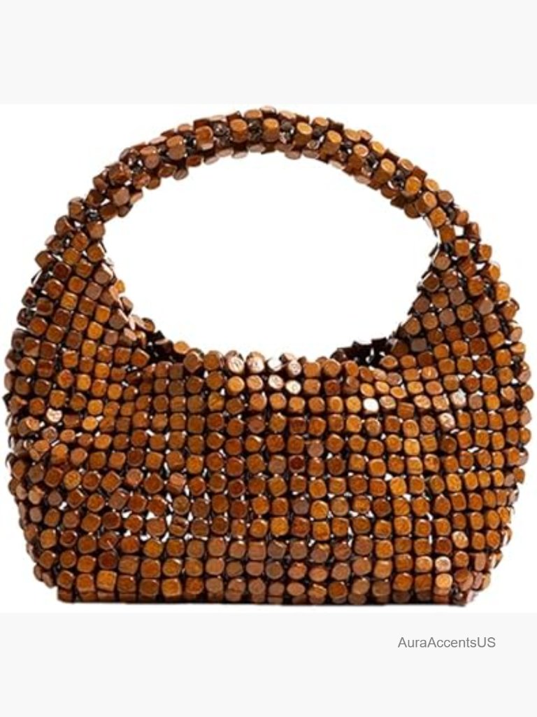 Wooden Beaded Crescent Shoulder Bag Crossbody Clutch Hobo Tote Handmade Vintage